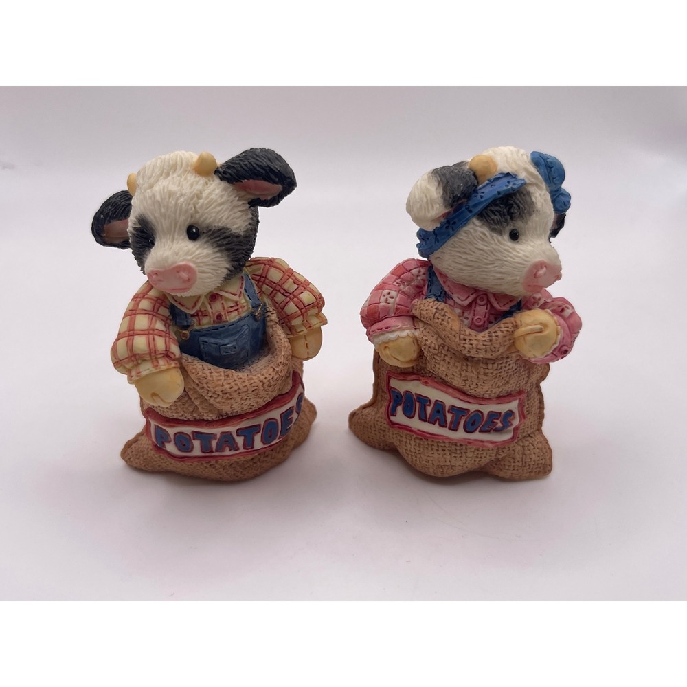 Vintage 1994 Enesco Mary Rhyner Cow Figurines Potato Sack Set of 2 Farmhouse